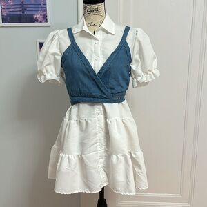 Puff Sleeve Baby Doll Dress with Denim Vest Cute 2 Piece